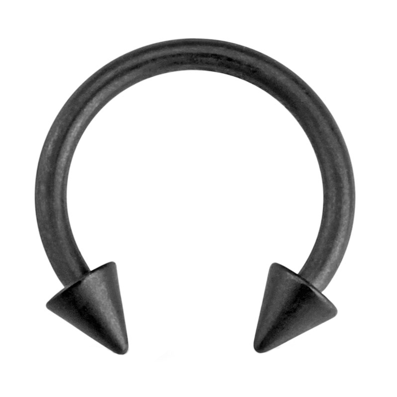 A matte black circular barbell with a spike on each end pictured against a white background.