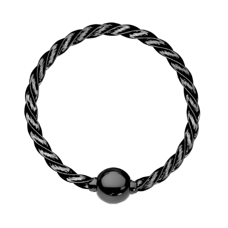 A fixed bead ring that has a black finish with a twisted rope hoop design and a small bead attached.