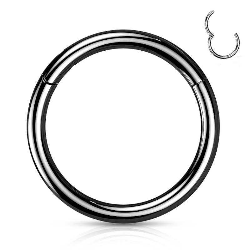 A type of body jewelry known as a black titanium hinged seamless septum ring pictured against a white background.