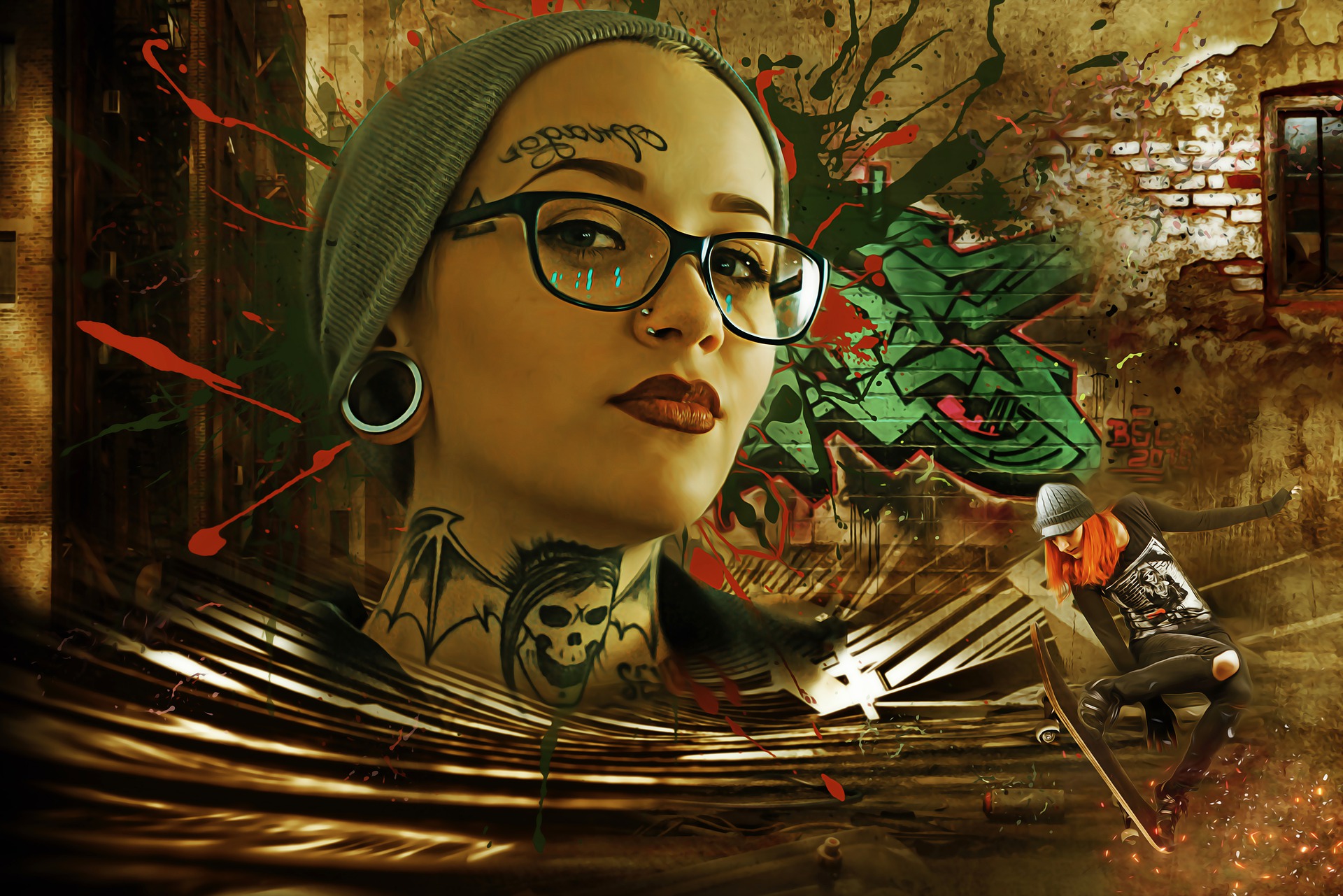 A female with multiple piercings and stretched ears against an urban style background.