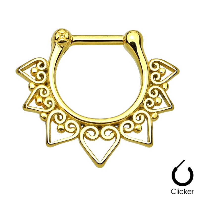 A gold tribal fan type of body jewelry known as a septum clicker pictured against a white background.