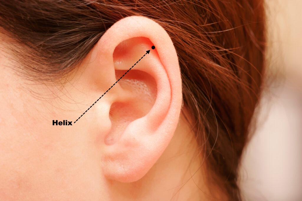 An illustration showing where the helix piercing is located on the ear of a female with long hair.