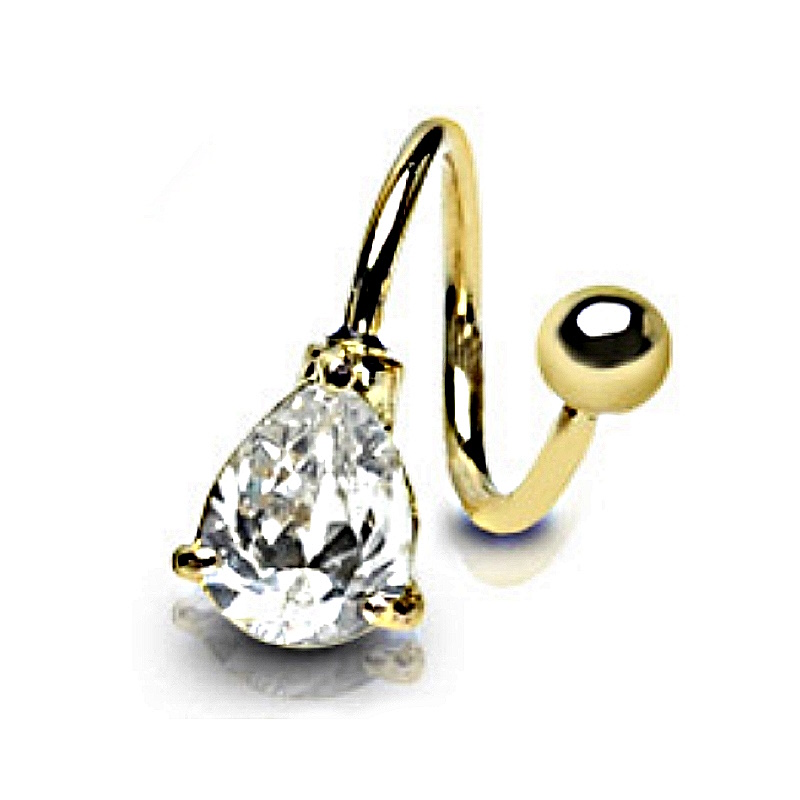 A gold plated spiral twist with a teardrop cubic zirconia on one end pictured against a white background.