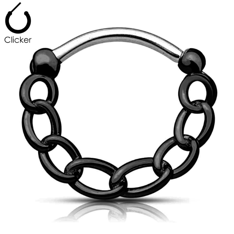 A type of body jewelry known as a hematite chain septum clicker with a shadow at bottom pictured against a white background.