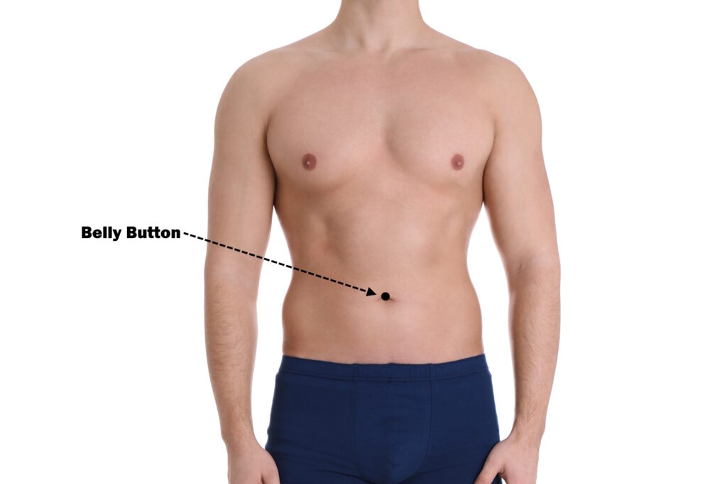 A diagram of a mans chest showing the location of the belly button piercing.