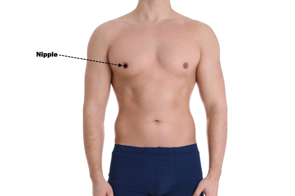 A diagram of a male torso and chest with the nipple piercing location pointed out.