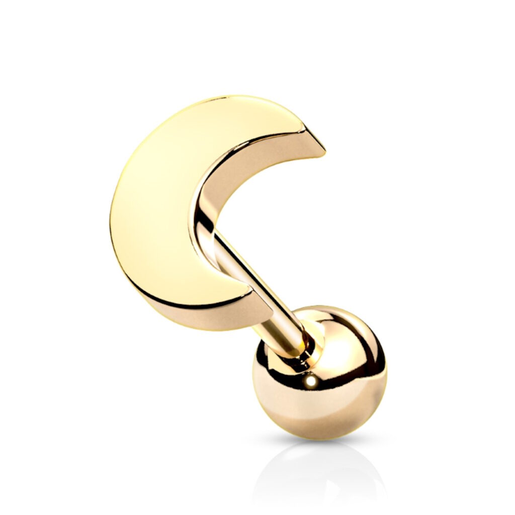 A gold plated moon earring pictured against a white background.