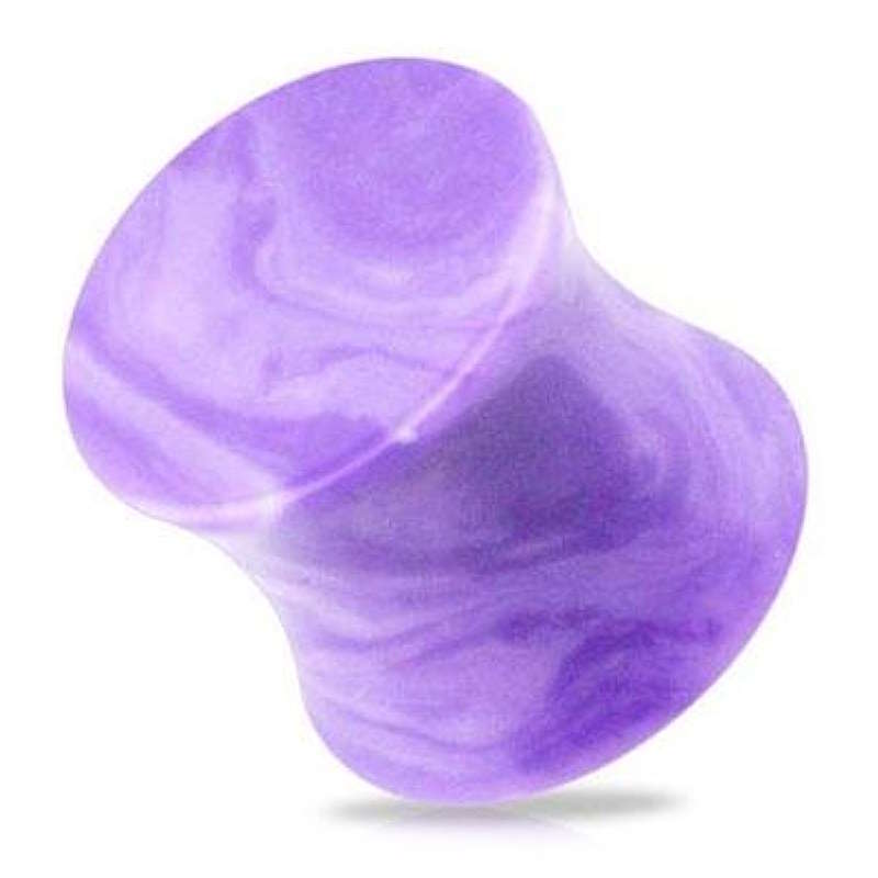 A purple agate gauge earring pictured against a white background.