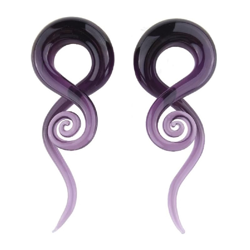 A pair of spiral style purple stretched ear hangers pictured against a white background.