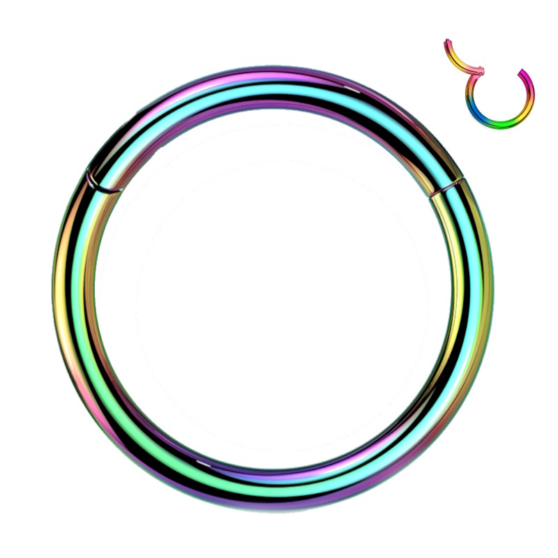 A rainbow titanium hinged segment ring pictured against a white background.