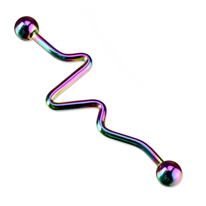 A type of body jewelry known as a rainbow color industrial barbell with a zig zag design pictured against a white background.