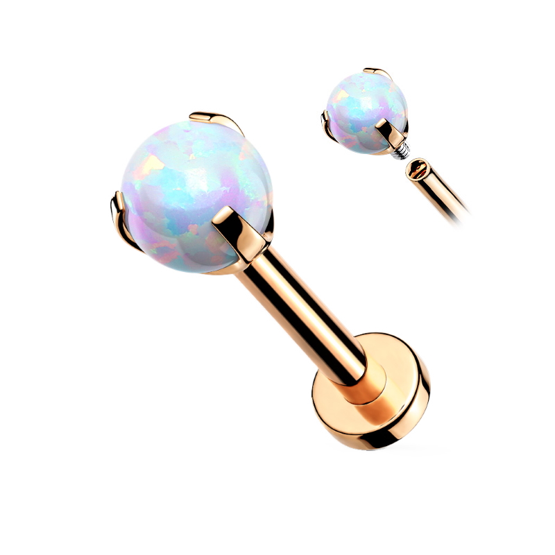 A rose gold colored white opal labret pictured against a white background.