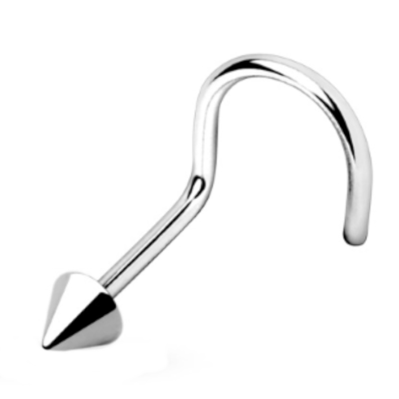 A nostril screw with a spike on the front end pictured against a white background.