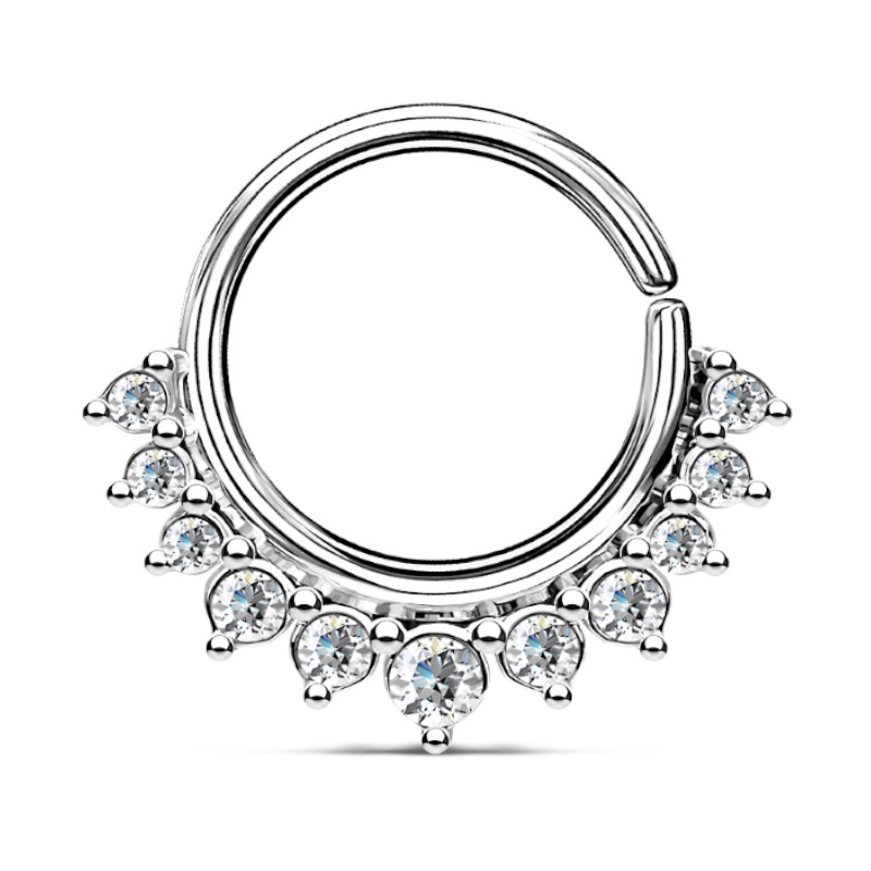 A cubic zirconia design surgical steel septum hoop pictured against a white background.