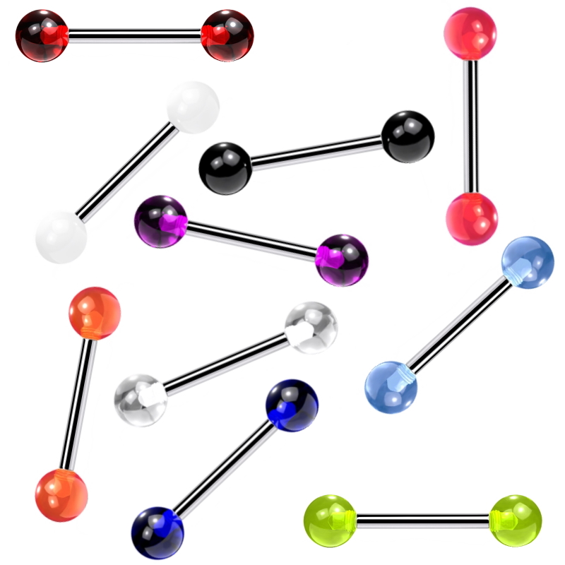 A group of random color surgical steel barbell with UV design balls on the ends pictured against a white background.