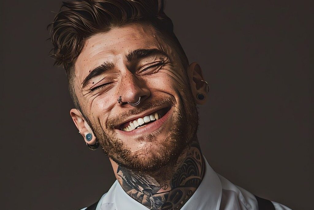 A man with a septum piercing that has his head tilted back with a big smile on his face.